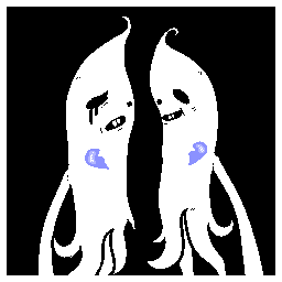 Pixel art portrait of a ghost that has been split in two. One half is sad, the other half is content.
