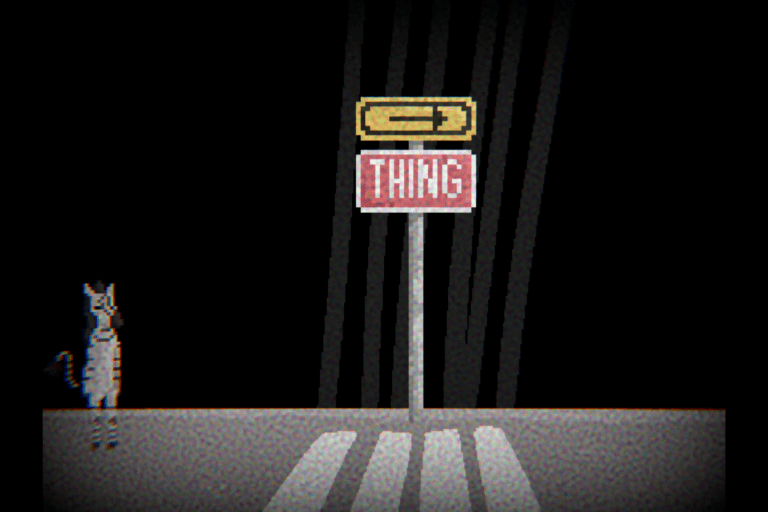 Broadcast Z Screenshot: A zebra on two legs stands before a zebra crossing, with a sign pointing to the right that reads 'THING'.