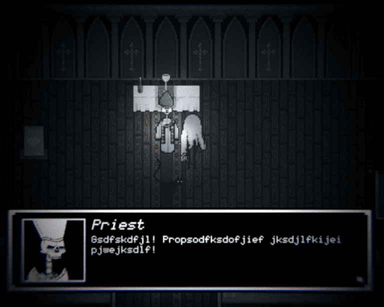 Symposium of Grief Screenshot - Ghost talks to a Priest with no jaw who exclaims gibberish due to the lack of bottom jaw.