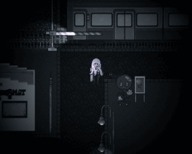 Ghost stands outside of some boom gates as a train passes by.