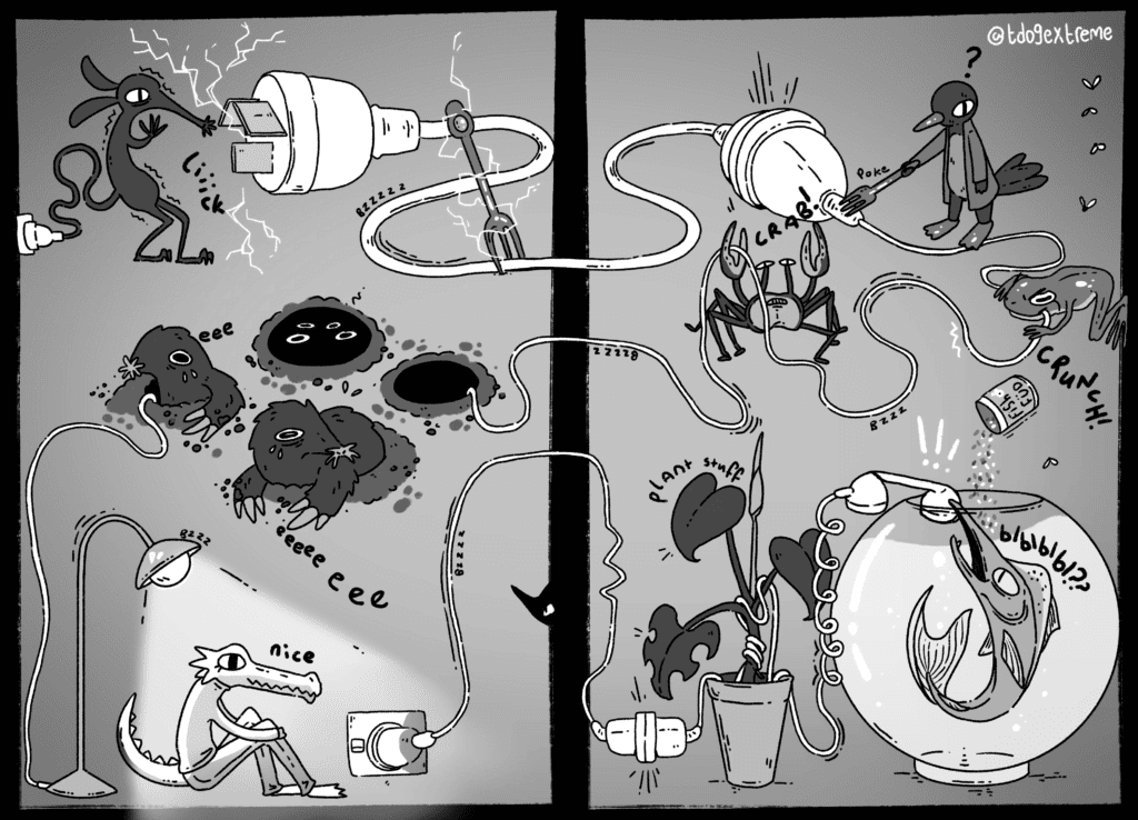 A 2-page spread comic which follows the journey of a plug. it starts with a rat-like figure licking the plug to charge it, goes through crabs, moles, plants, and a chill crocodile, before ending at a salmon trying to have a phone call.
