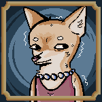 Pixel portrait of an anthropomorphic Chihuahua who is shakey.