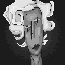 An abstract pixel portrait of a character with a long face and spirally white hair.