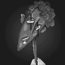 An abstract pixel portrait of a character with an extreme point to their chin, an extremely thin neck, and curly dark hair.