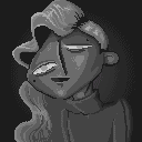 An abstract pixel portrait of a character with a rounded face who seems rather content.