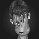 An abstract pixel portrait of a neutral looking character with uneven eyes at extreme differing heights.