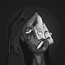 An abstract pixel portrait of a sad character who seems to have two other faces attached to a quarter of their face.