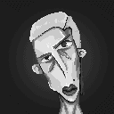 A pixel portrait of a warped looking character with a cranky long face and a shaven head.