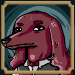 Pixel portrait of an anthropomorphic Red Setter wearing a waiter outfit.
