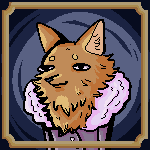 Pixel portrait of an anthropomorphic Pomeranian in a purple jacket.