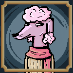 Pixel portrait of an anthropomorphic pink Poodle.