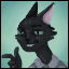 Pixel art portrait of a anthropomorphic black cat who looks like he wants to sell you something