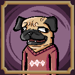 Pixel portrait of an anthropomorphic Pug in an argyle sweater.