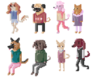 4 quirky sprites of various dog characters, ranging from a chihuahua with a necklace to a mastiff with a turtleneck