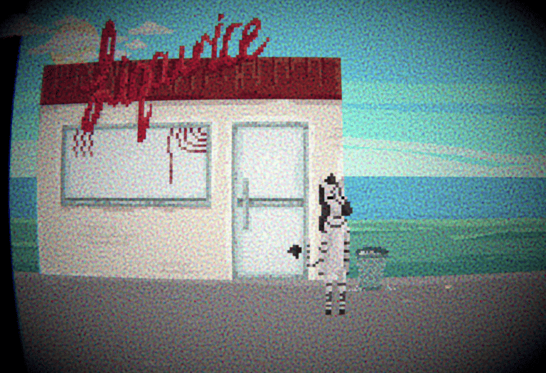 Screenshot from Broadcast Z - a zebra stands in front of a licorice shop on a nice bright day.