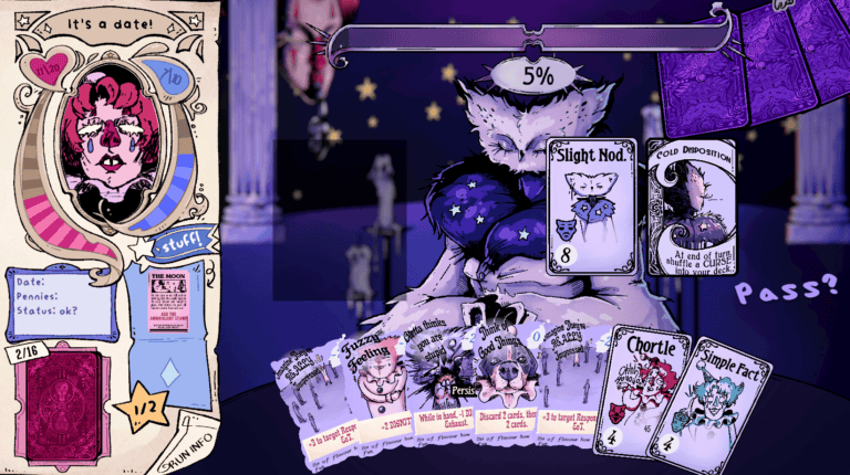 A screenshot of the Clownbaby game. There is an owl lady in the centre, and a lot of cards at the bottom of the screen representing the hand.